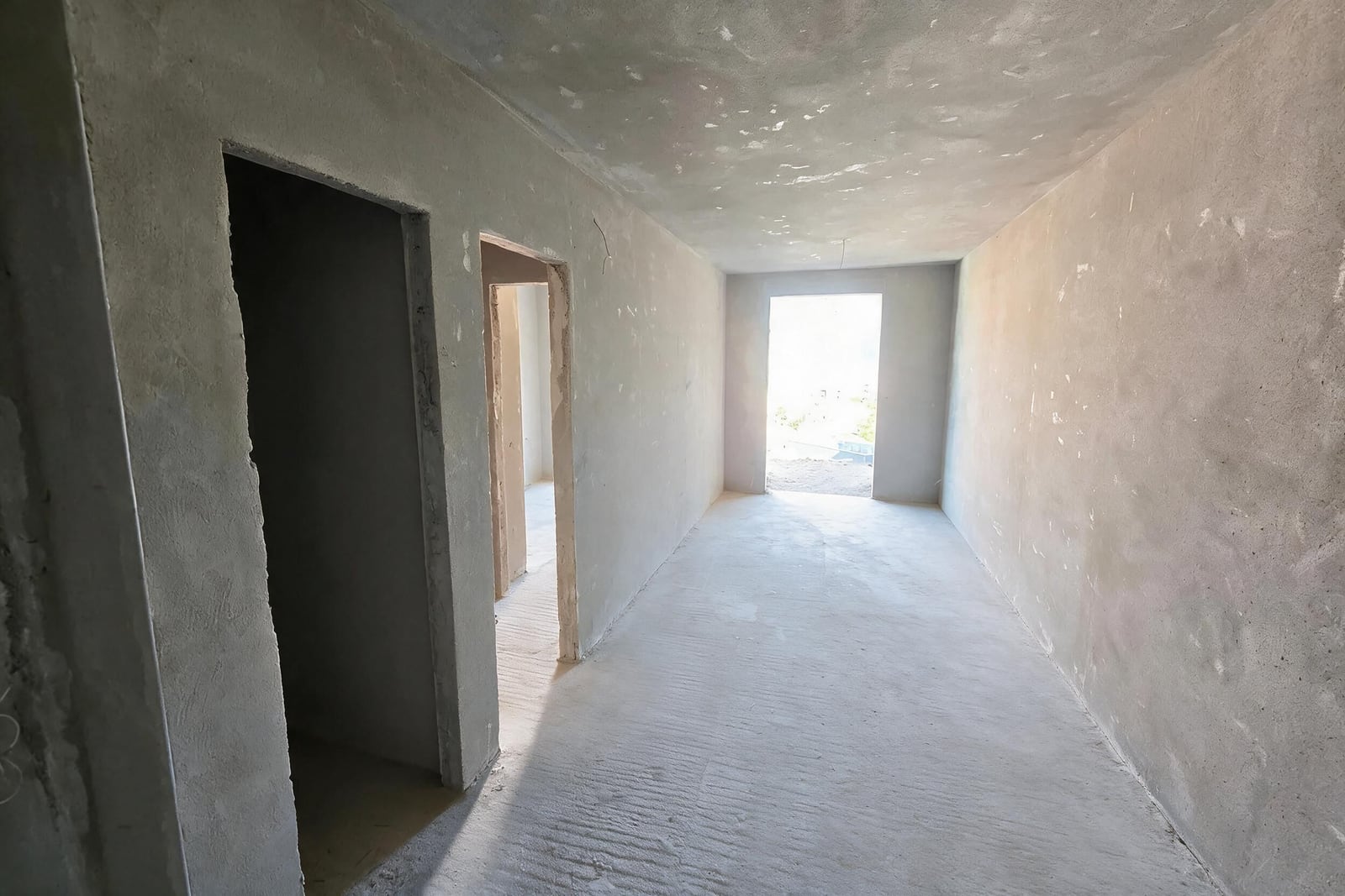 Apartment in Tivat, Montenegro: unfinished room with rough plaster on the walls and door openings