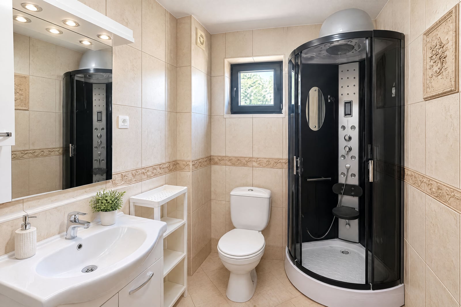 Modern bathroom with a shower cabin, sink, and beige tiles in an apartment in Budva, Montenegro