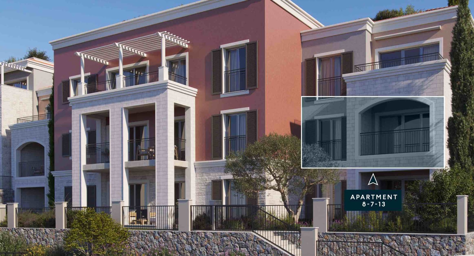 Luştica, Karadağ'daki konut kompleksinin cephesi: modern mimari, pergolalı teraslar ve taş kaplama.
