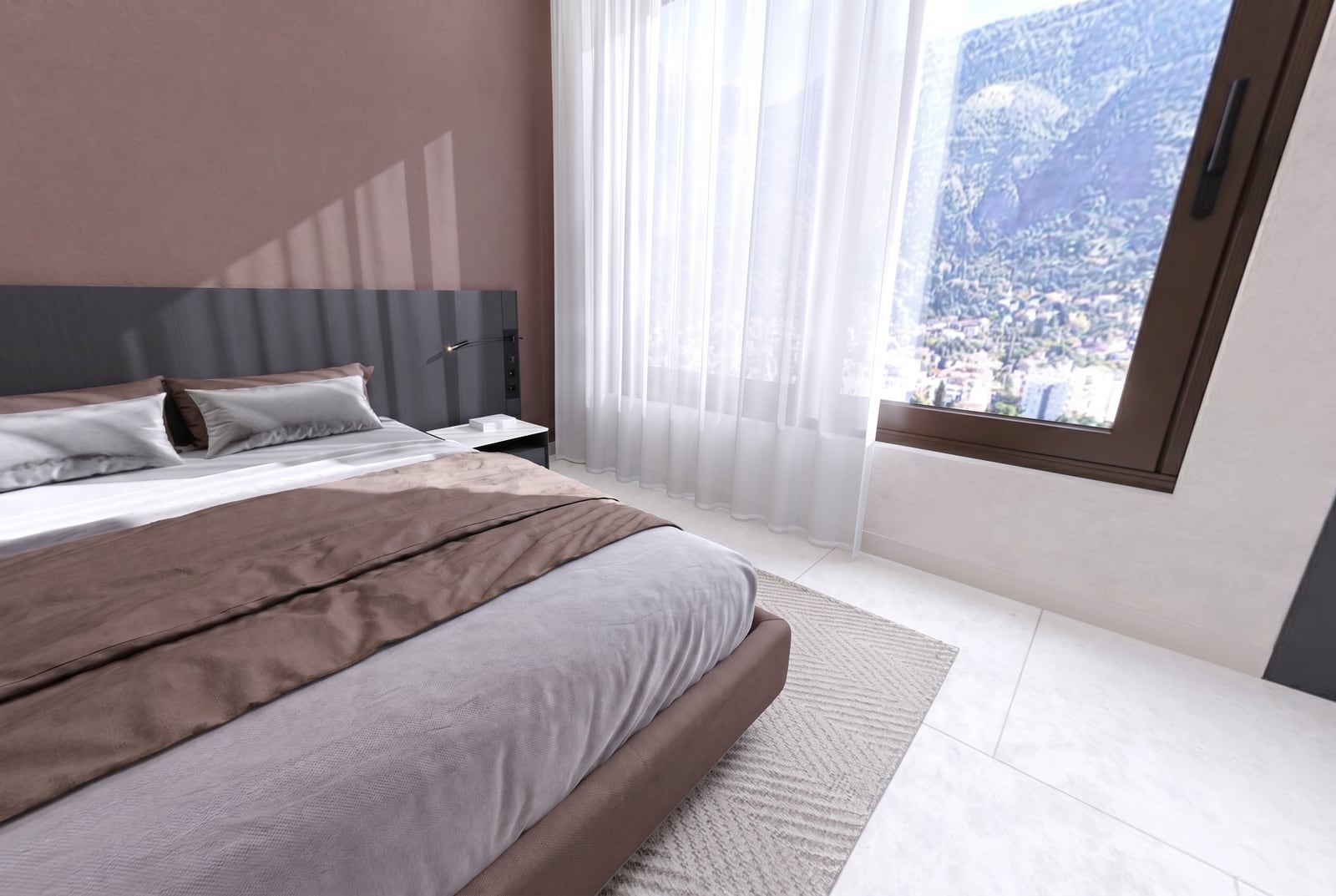 Modernes Schlafzimmer mit Doppelbett und Bergblick in einem Wohnkomplex, Tivat, Montenegro.