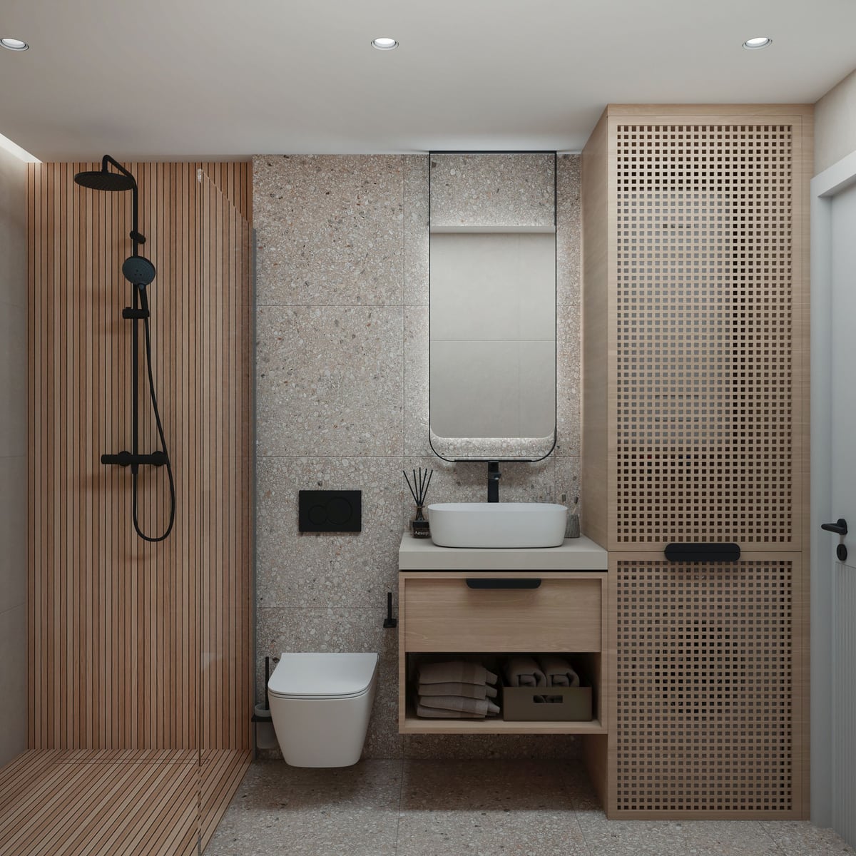 Modernes Badezimmer mit Holzoptik und Terrazzo im ЖК Bar, Montenegro: Dusche, hängende Sanitäranlagen und Möbel.