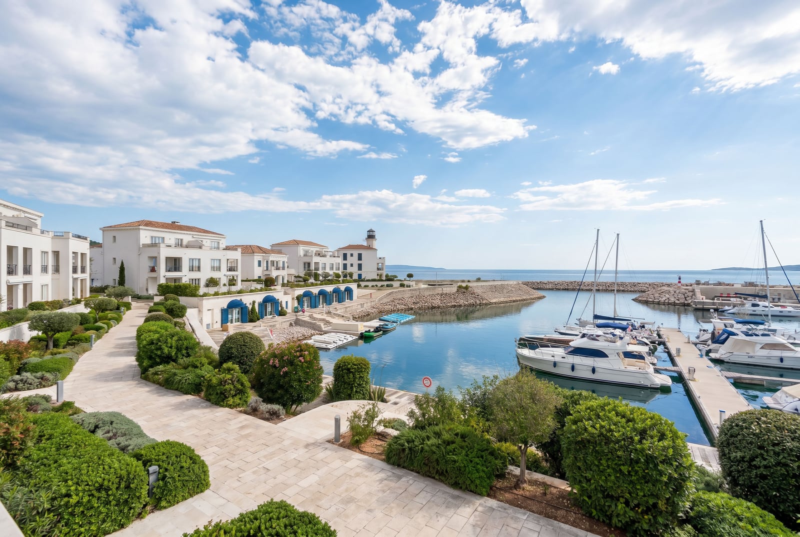 Blick auf die exklusive Wohnanlage Luštica Bay in Montenegro mit eigenem Yachthafen und gepflegter Außenanlage