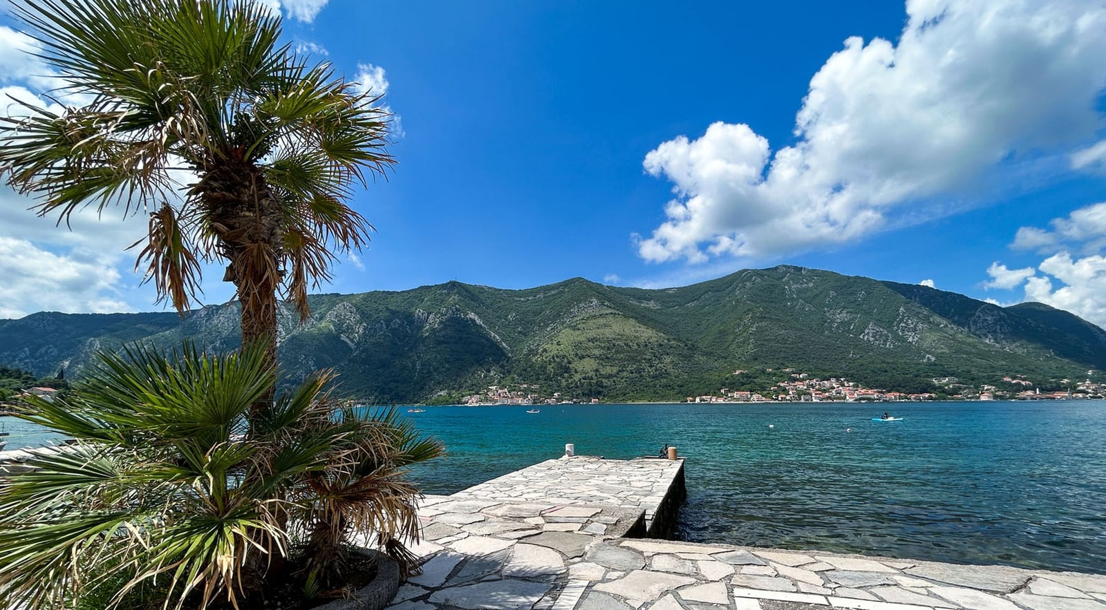 Blick auf das Meer und die Berge von einem steinernen Pier an der Villa in Dobrota, Montenegro: Palme im Vordergrund und Panoramablick auf die Küste.