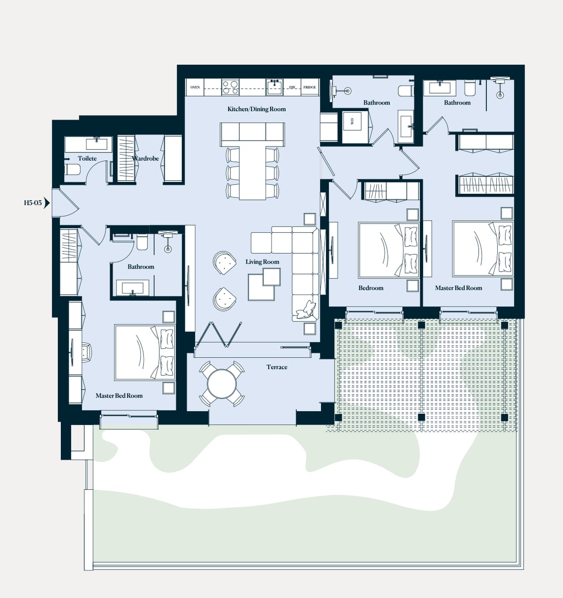 Grundriss einer Wohnung mit drei Schlafzimmern, Wohnzimmer und Terrasse im Wohnkomplex Luštica, Montenegro.