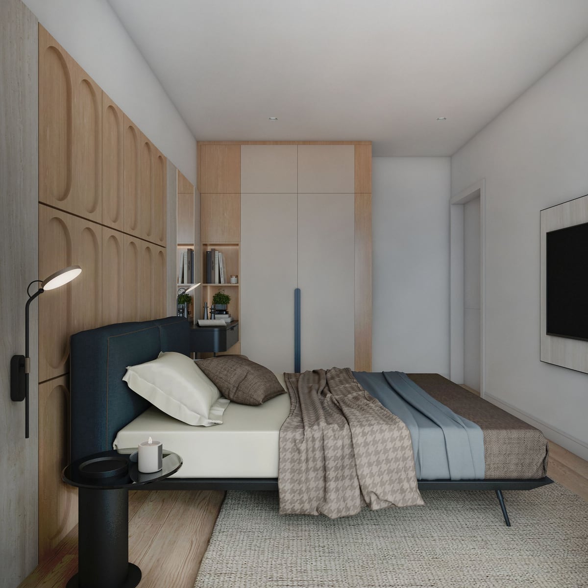 Modernes Schlafzimmer mit Holzverkleidung an den Wänden und Einbauschrank in einer Wohnanlage in Bar, Montenegro.