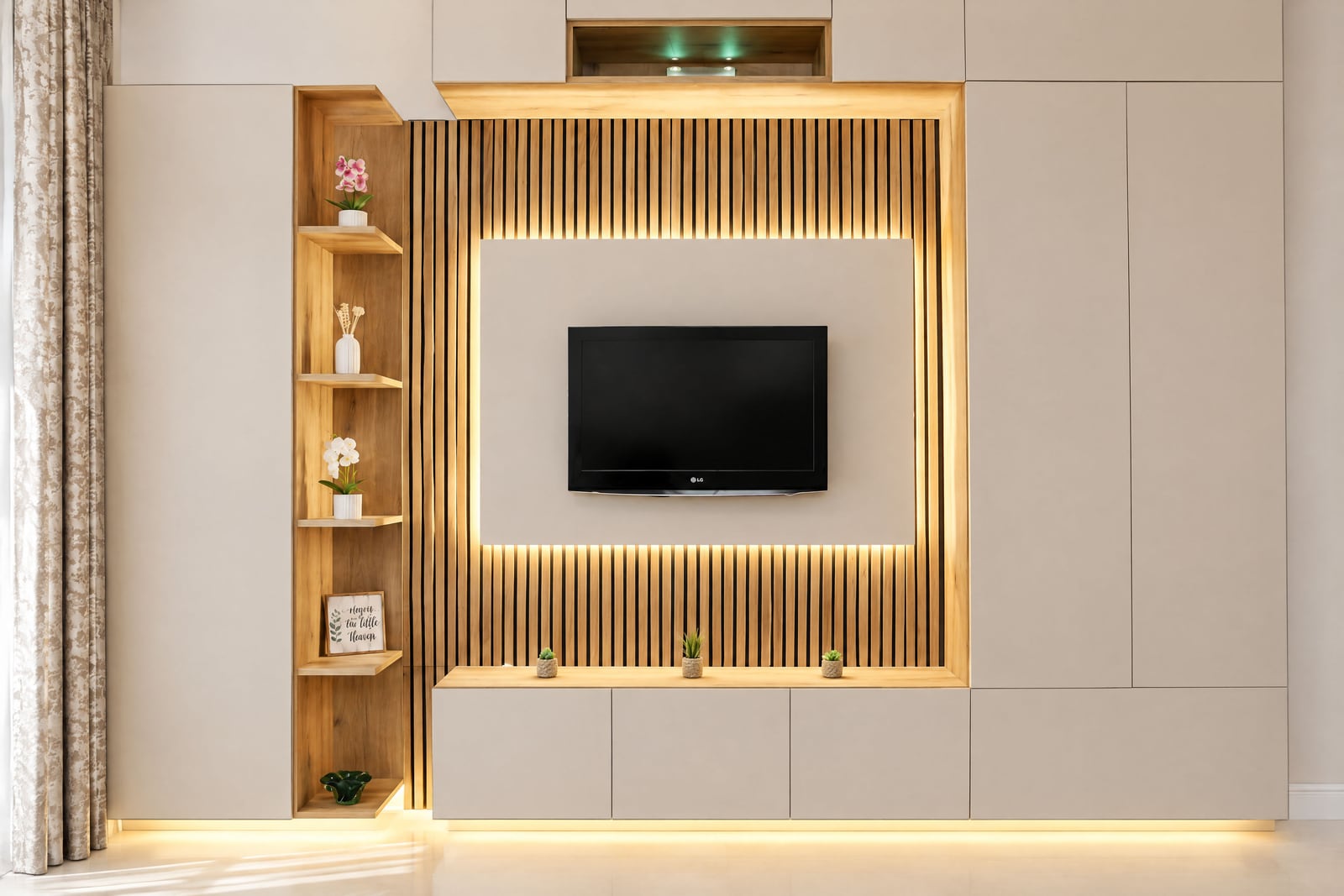 Modern TV wall unit with wooden slats, warm LED lighting, built-in shelves, and beige cabinetry.