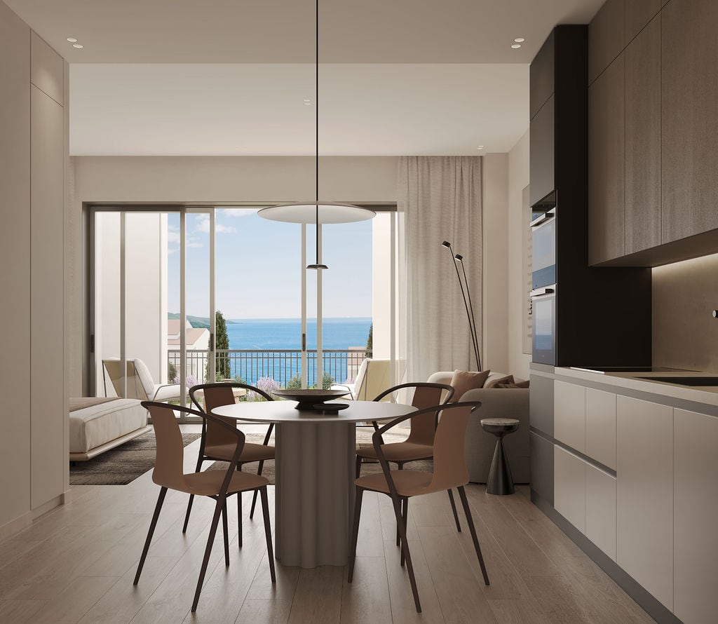 Modernes Wohnzimmer mit Küche in Luštica, Montenegro: Panoramablick auf das Meer, stilvolle Möbel und Terrasse.