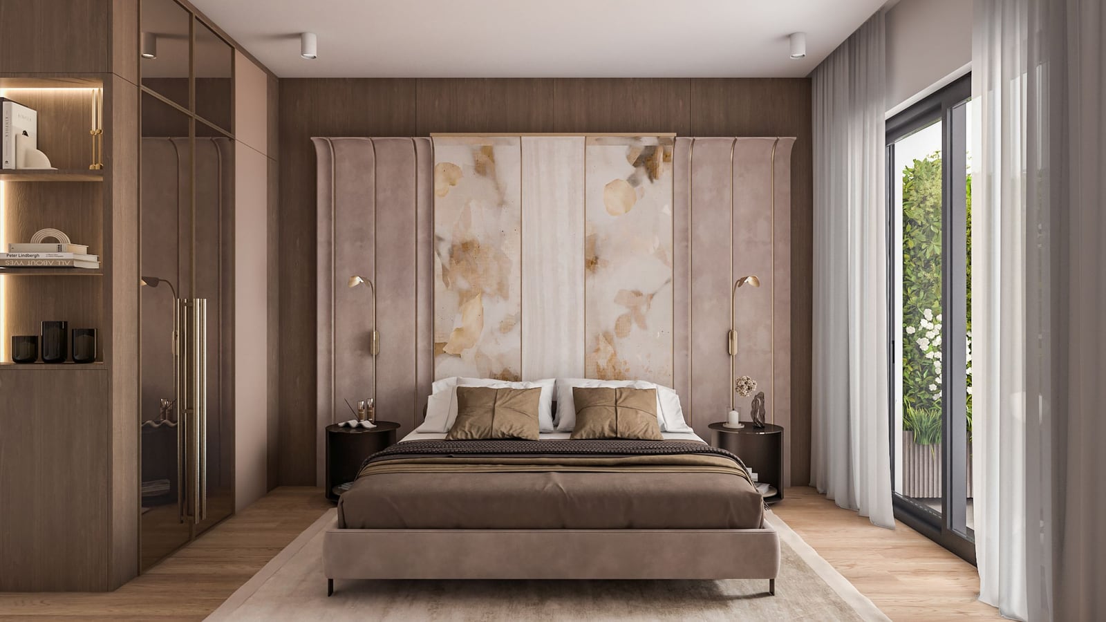 Modernes Schlafzimmer mit Designer-Kopfteil im ЖК Bar, Montenegro: Doppelbett, Schränke und Zugang zur Terrasse.