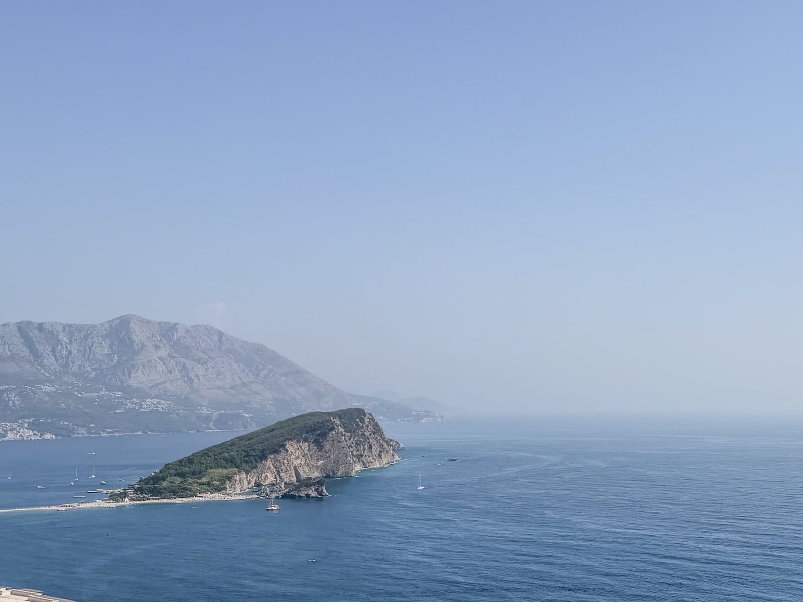 Panoramic view of the sea and Sveti Nikola Island in Budva, Montenegro