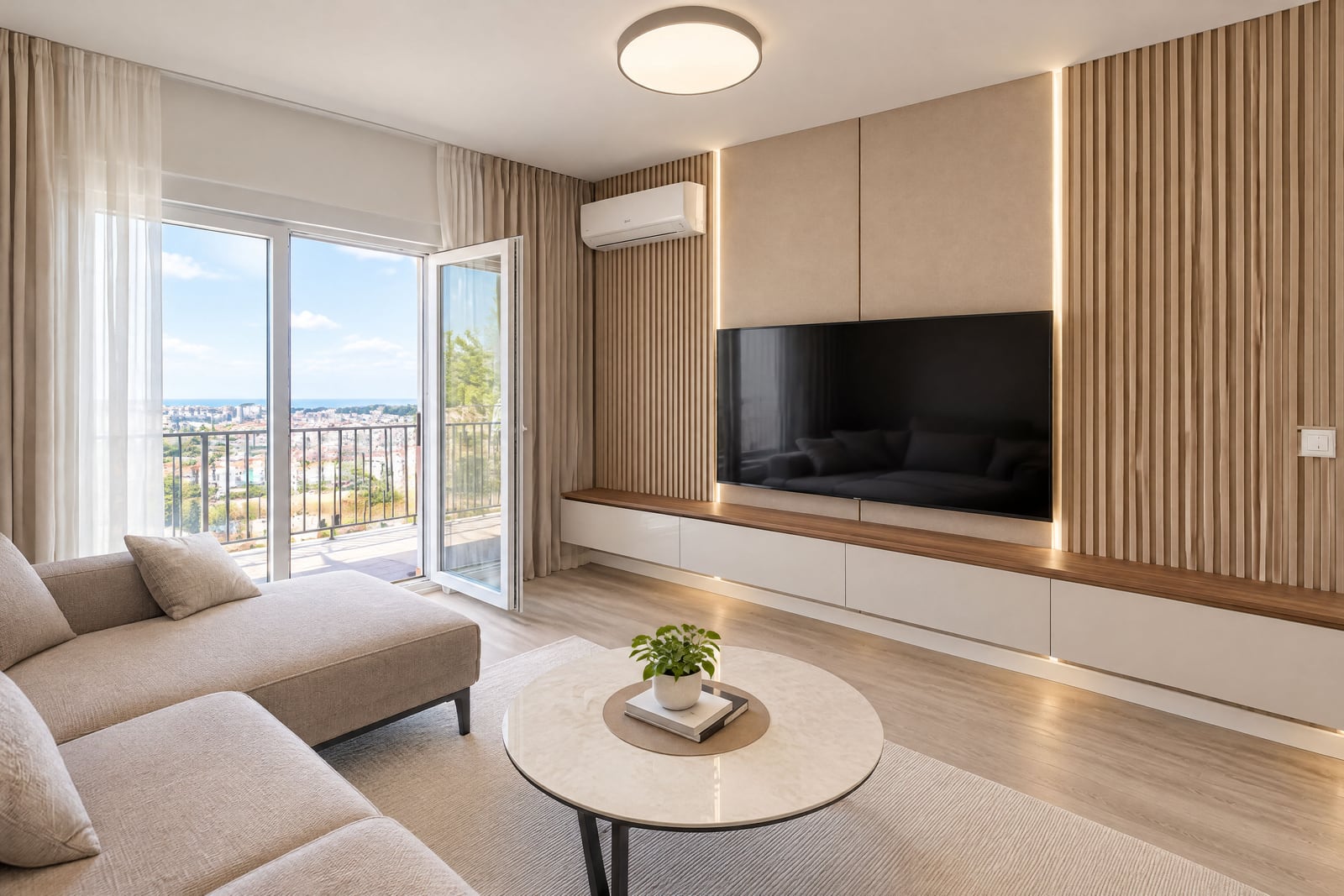 Modern living room with a panoramic window, furniture, and city view in an apartment in Budva, Montenegro