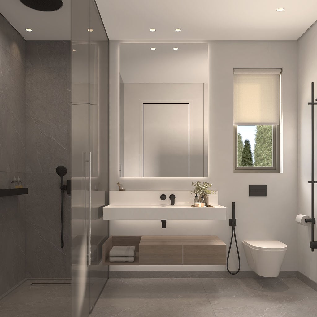 Modernes Badezimmer mit Dusche und Hängemöbeln im Wohnkomplex, Luštica, Montenegro.