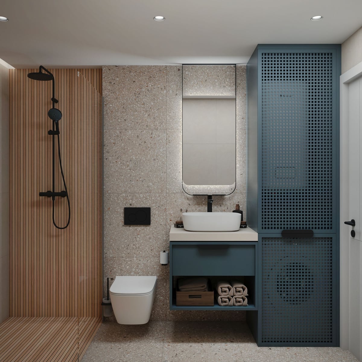 Modernes Badezimmer im ЖК Bar, Montenegro: Terrazzo-Optik, Holzlamellen und blaue Möbel mit Beleuchtung.