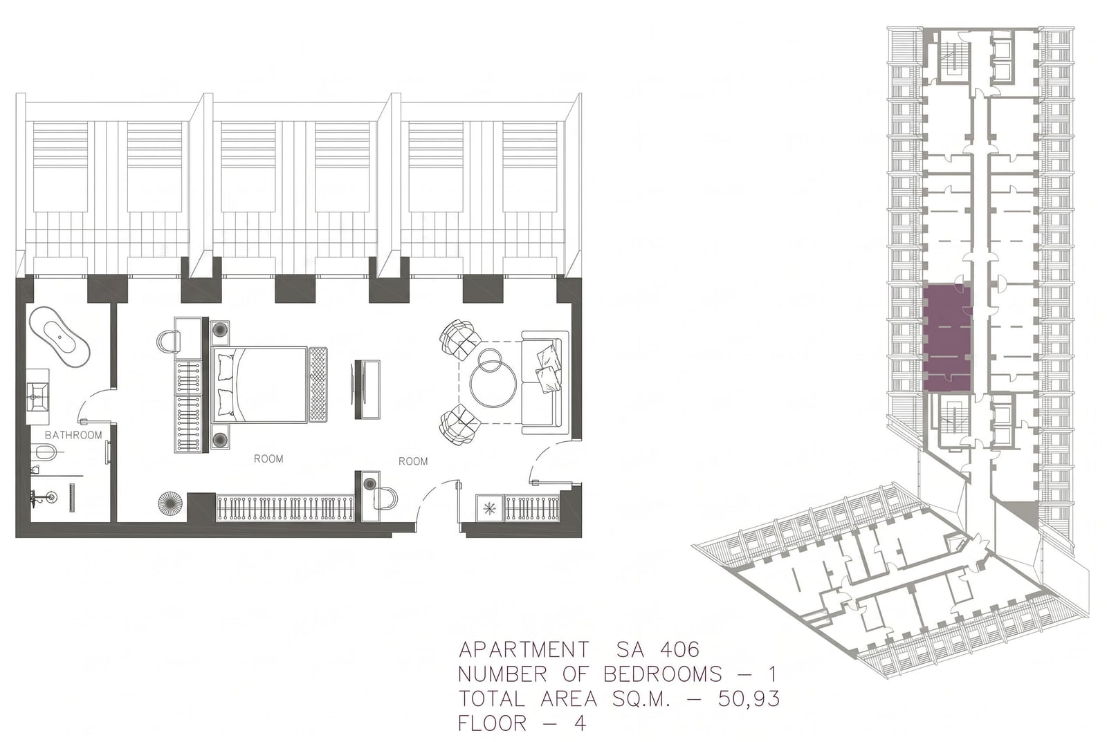 Floor plan of a 51 sq.m. apartment in Hotel Kolasin, Montenegro: bedroom, living area, and bathroom on the 4th floor.