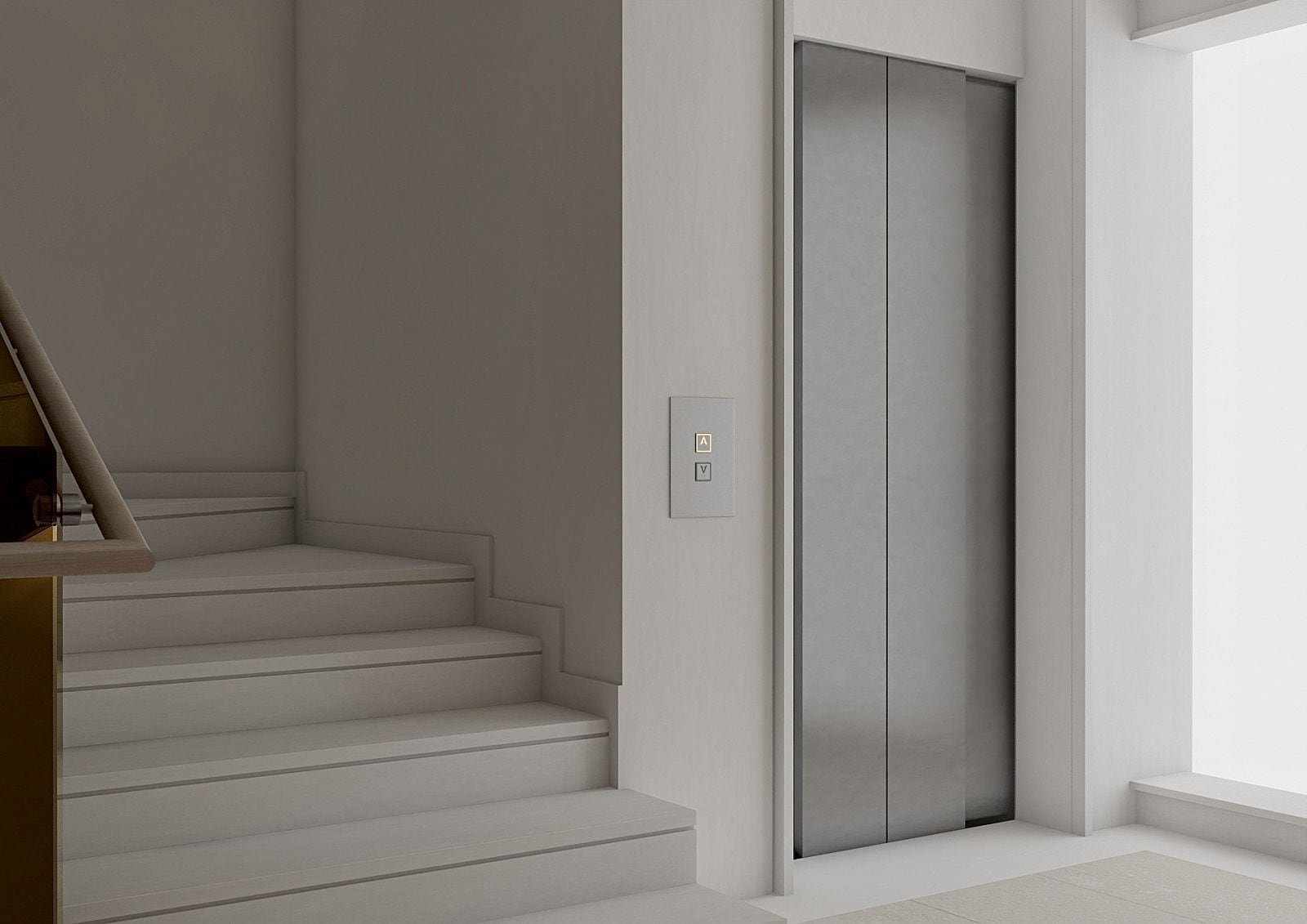 Modern elevator and bright staircase in the lobby of a residential complex in Becici, Montenegro