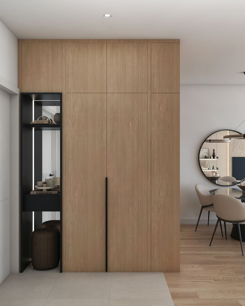 Modernes Wohnzimmerinterieur im ЖК Бар, Montenegro: eingebauter Holzschrank mit schwarzer Nische und Essbereich.
