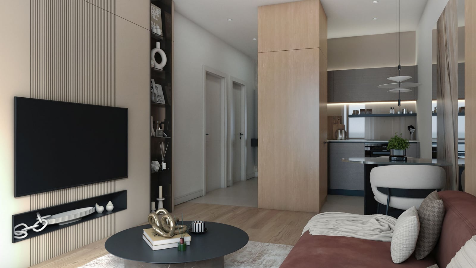 Modernes Wohnzimmer mit Küche im ЖК Bar, Montenegro: Designer-Holzverkleidung, weiches Sofa und TV-Bereich.
