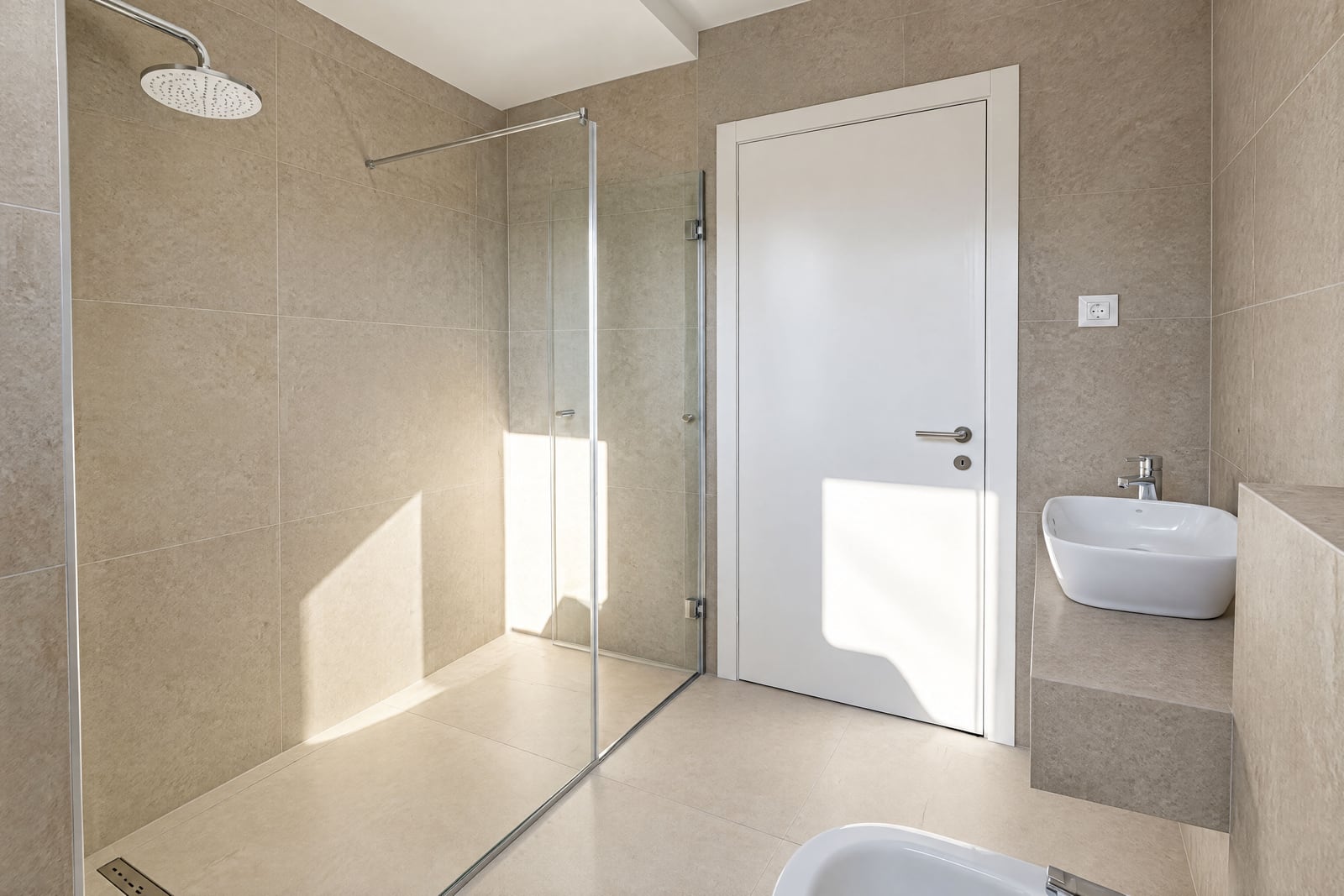Salle de bain moderne avec espace douche et sanitaires blancs dans un appartement à Bečići, Monténégro