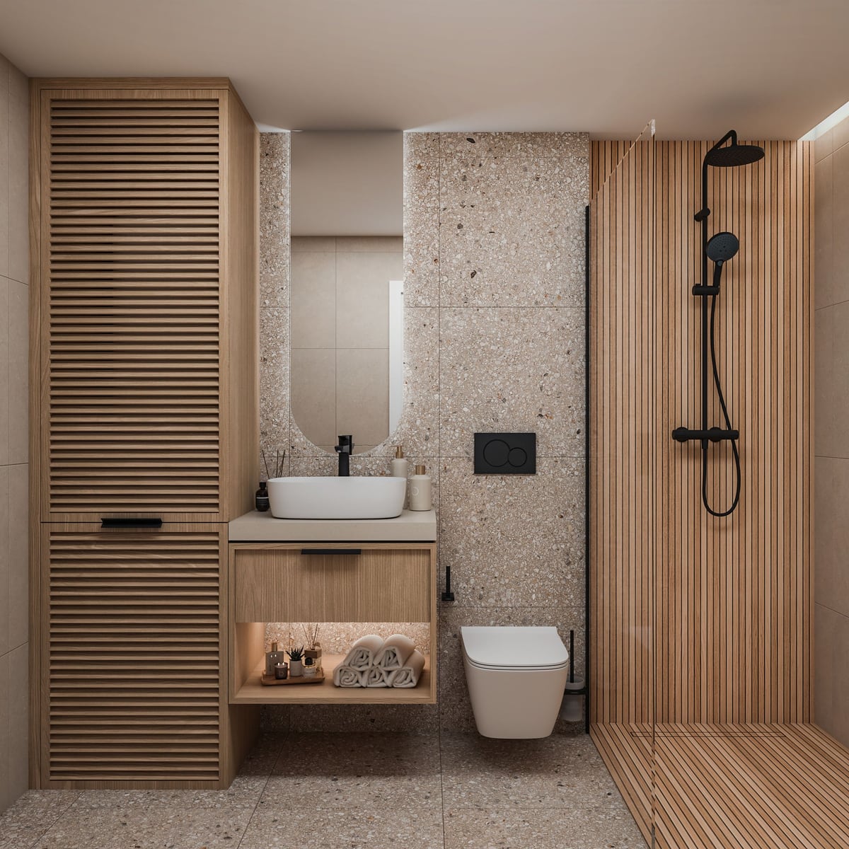 Modernes Badezimmer im ЖК Bar, Montenegro: Terrazzo-Optik, Holzlamellenpaneele und schwarze Sanitärarmaturen.