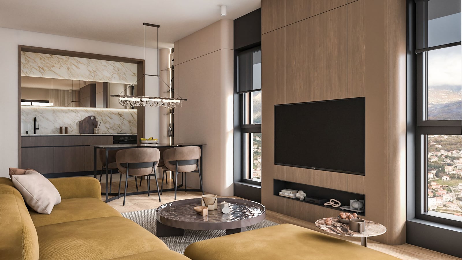 Modernes Wohnzimmer mit Küche in einer Wohnanlage in Bar, Montenegro: Designermöbel, Panoramafenster und Bergblick.