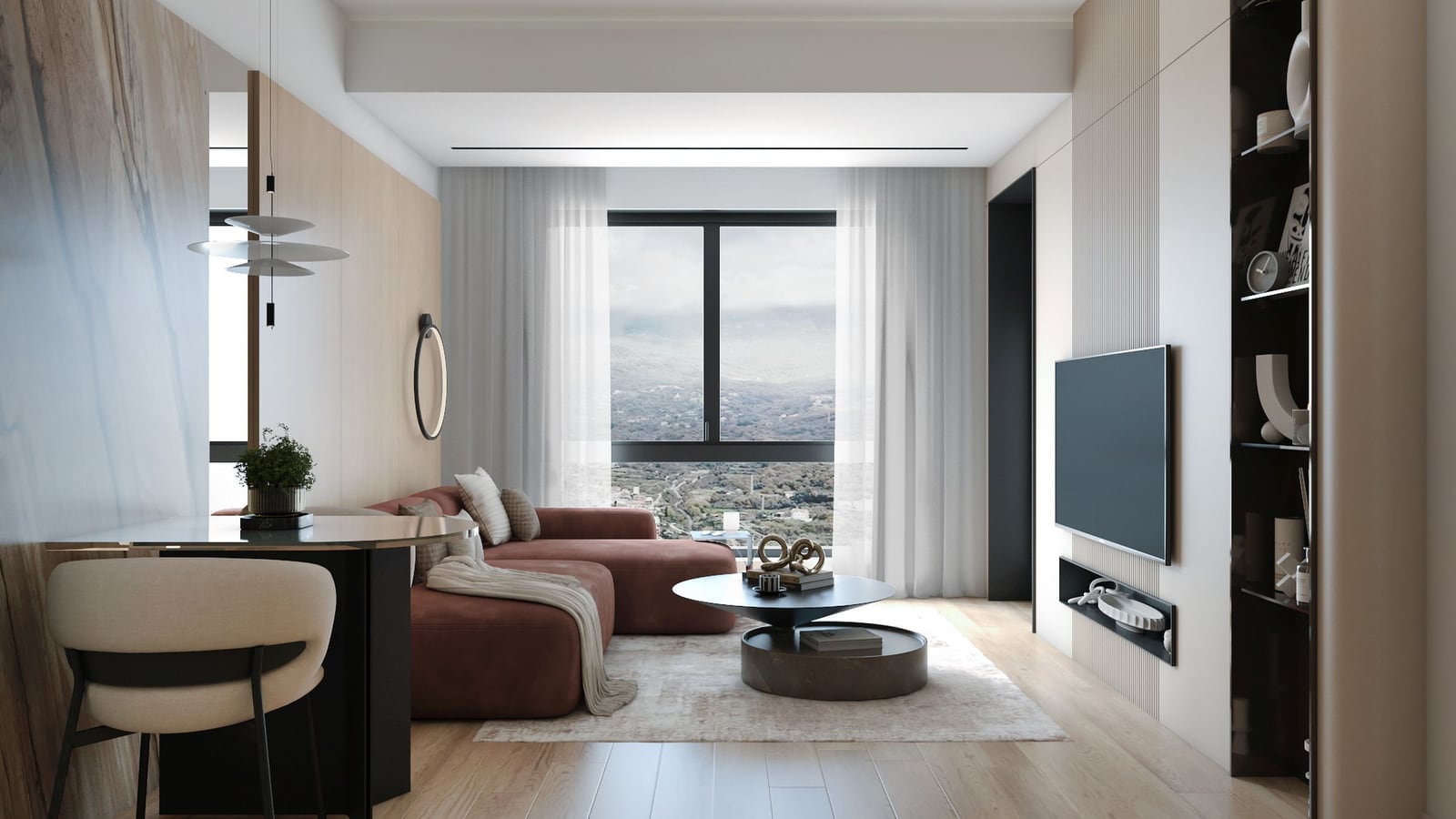 Modernes Wohnzimmer mit terrakottafarbenem Sofa im ЖК Bar, Montenegro: Panoramablick auf die Berge, stilvolles Interieur und Dekor.