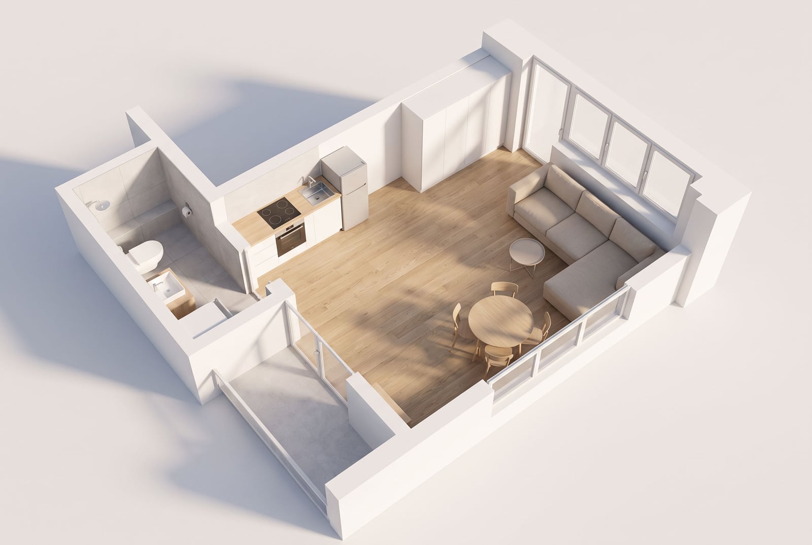 3D layout of an apartment in Budva, Montenegro: living room with kitchen, dining area, corner sofa, and bathroom.