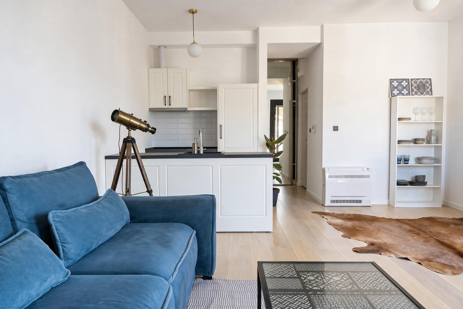 Moderna dnevna soba sa plavom sofom i kuhinjom u apartmanima grada Tivat, Crna Gora