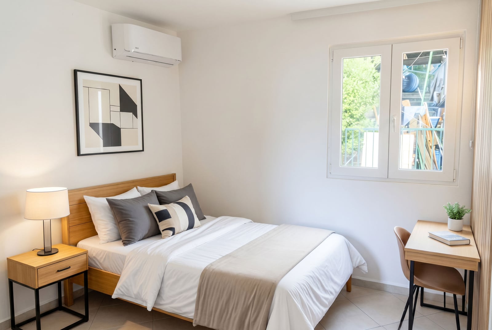 Chambre moderne dans une maison à Krašići, Monténégro : lit double, bureau et climatisation dans des tons clairs.
