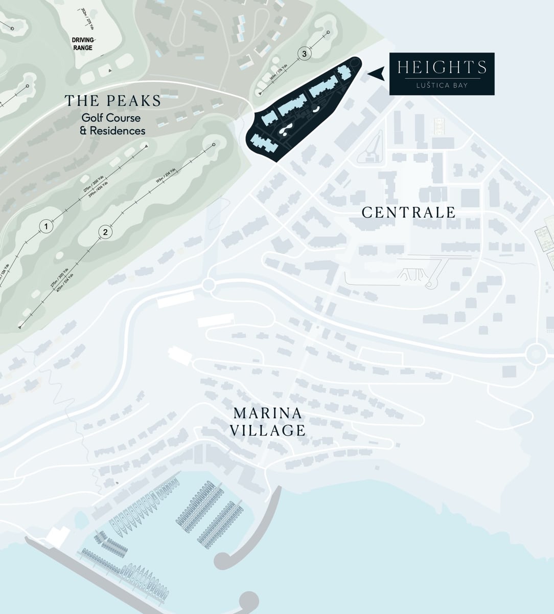 Heights kompleksi genel planı, Luštica Bay, Karadağ: golf sahaları ve marina yakınındaki konutların konumu.