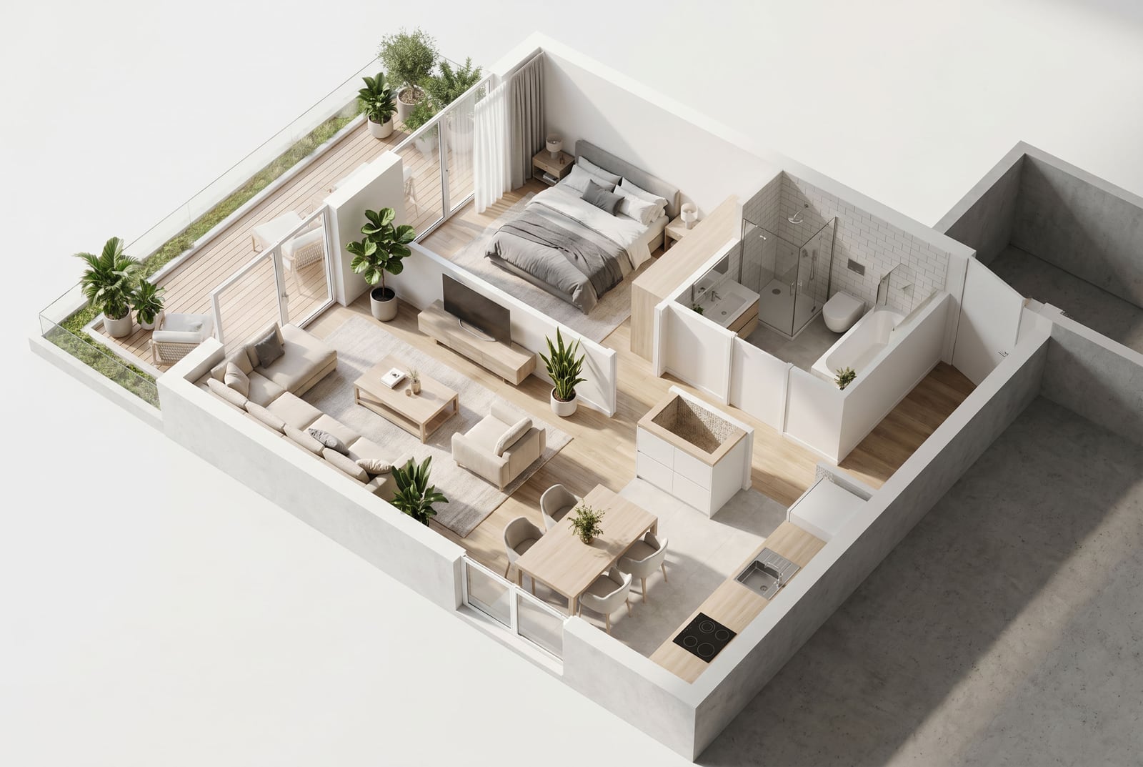 3D-планировка квартиры в Тивате, Черногория: гостиная, спальня, терраса, кухня и современная ванная комната.