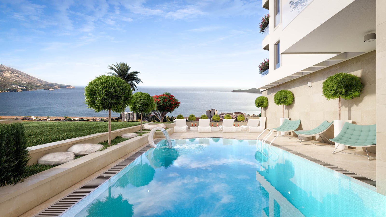 Piscine extérieure avec chaises longues et vue panoramique sur la mer près d'une maison de luxe à Bečići, Monténégro