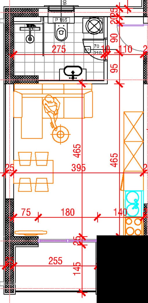 Living room layout with kitchen and bathroom in an apartment, Budva, Montenegro: furniture arrangement scheme and room dimensions.