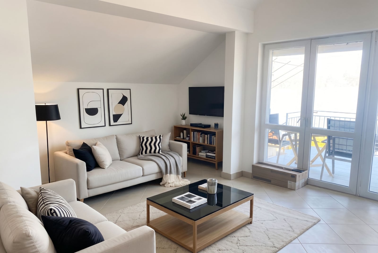 Salon lumineux dans une maison moderne à Krašići, Monténégro : canapés beiges, table basse et accès à la terrasse.
