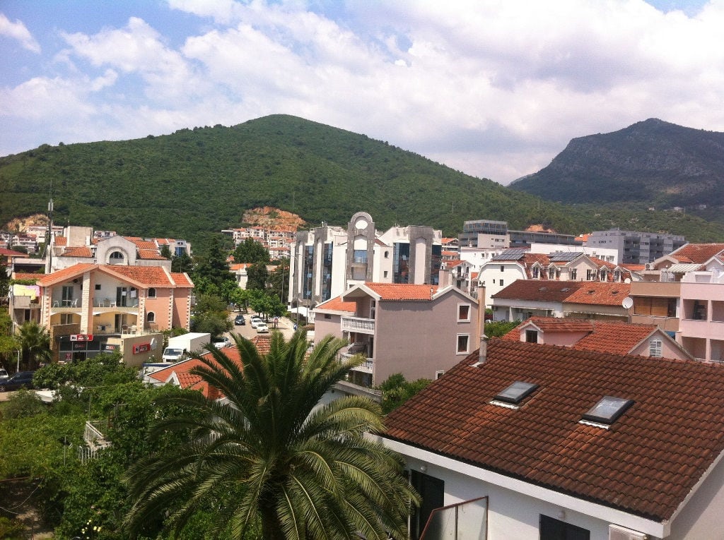 Panoramic view of Budva, Montenegro: tiled rooftops, a green mountain, and a palm tree in the foreground.