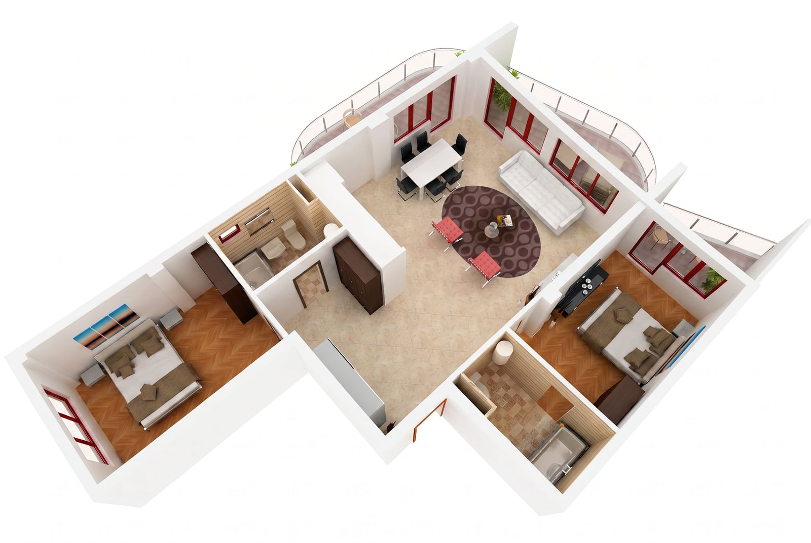 3D-Grundriss einer Wohnung in Bečići, Montenegro: zwei Schlafzimmer, Wohnzimmer mit Terrasse, Küche und zwei möblierte Badezimmer.