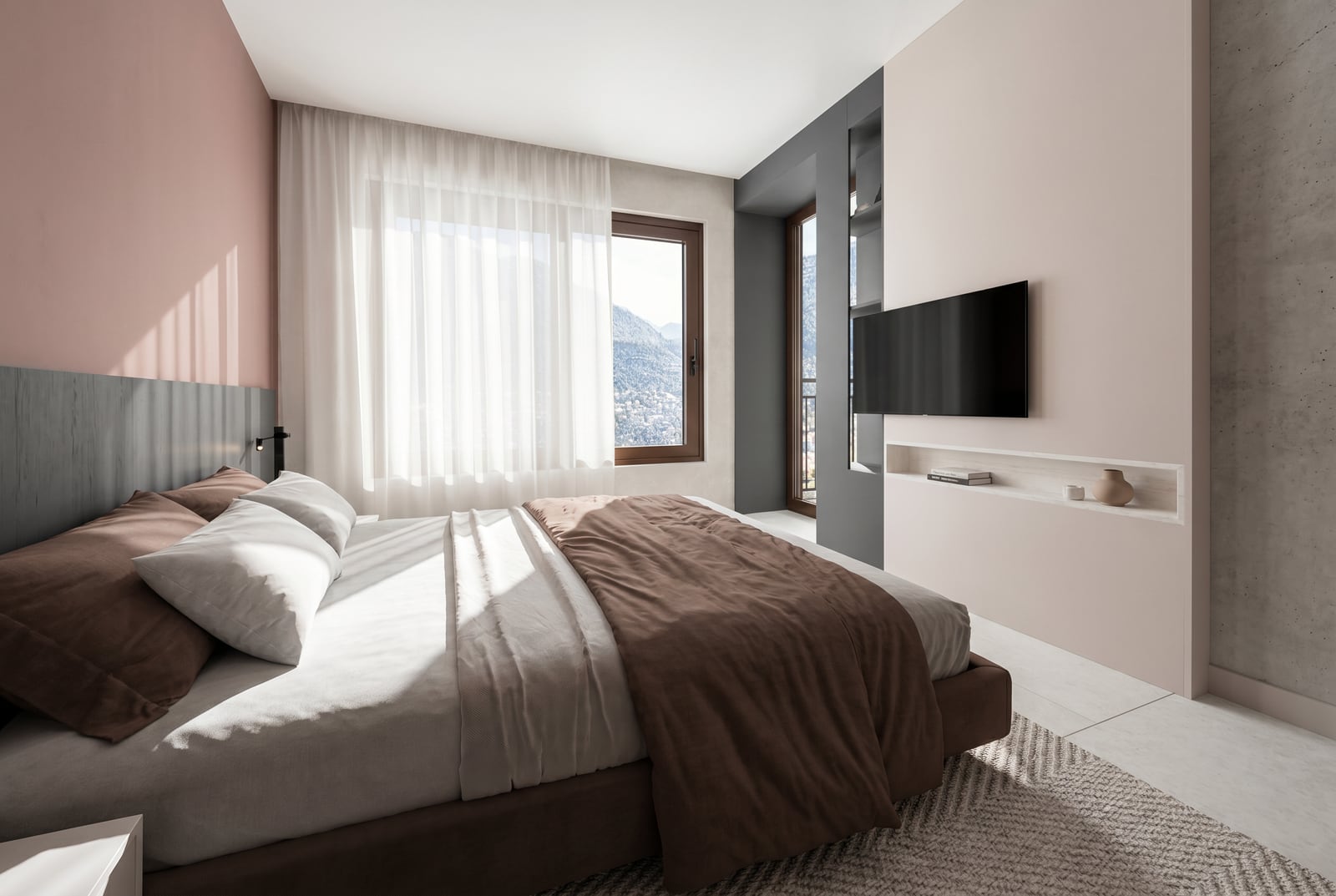 Modernes Schlafzimmer mit Doppelbett und Bergblick in einer Wohnung, Tivat, Montenegro.