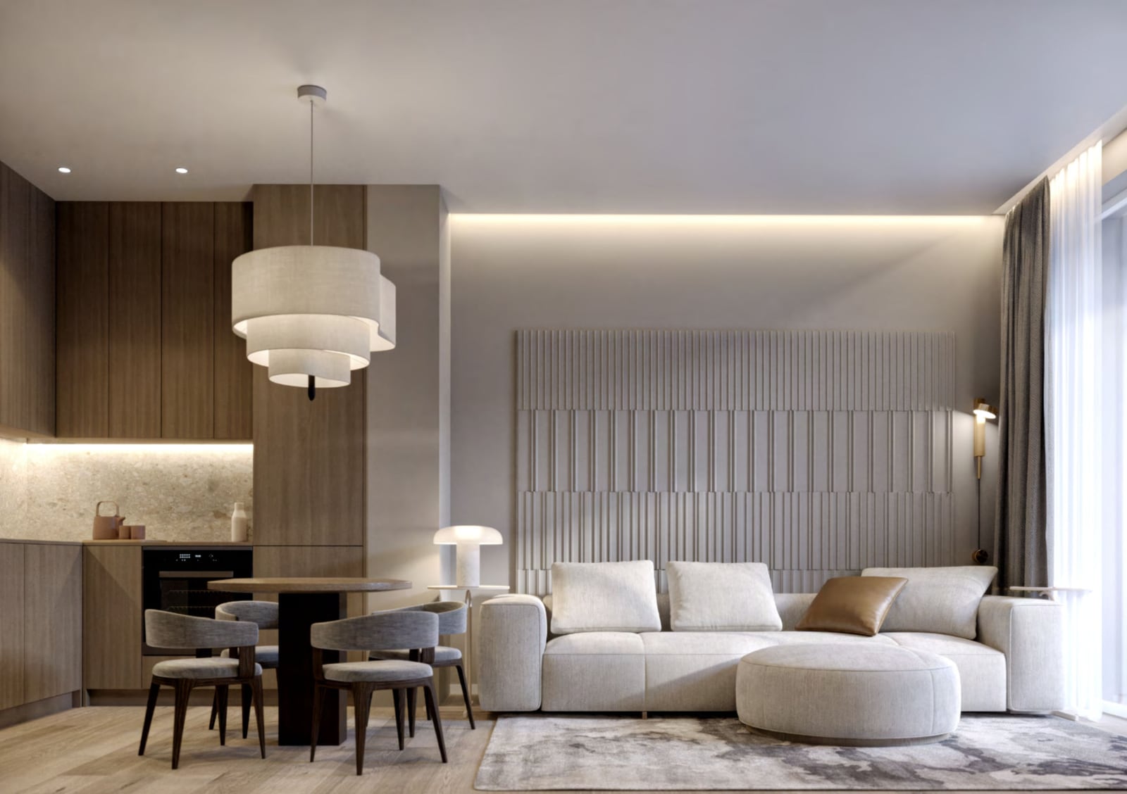 Modern living room with a white sofa, dining area, and kitchen in a penthouse, Orahovac, Montenegro