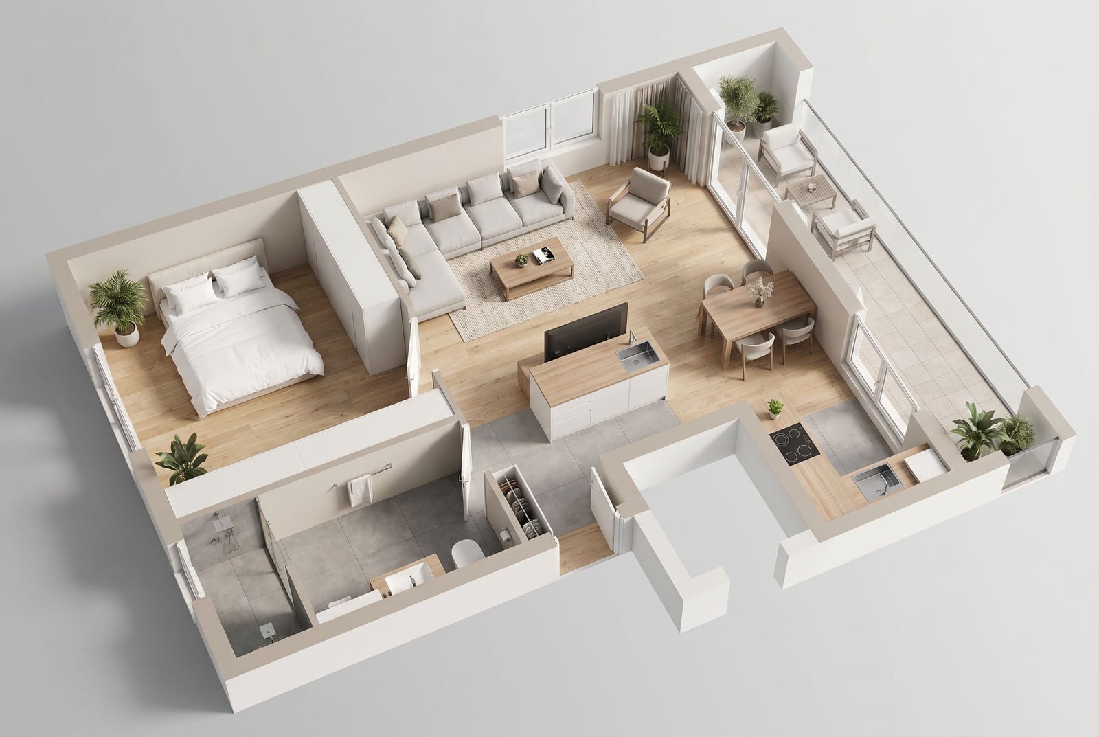 3D-планировка квартиры в Тивате, Черногория: гостиная, спальня, кухня и терраса с современной мебелью и отделкой.