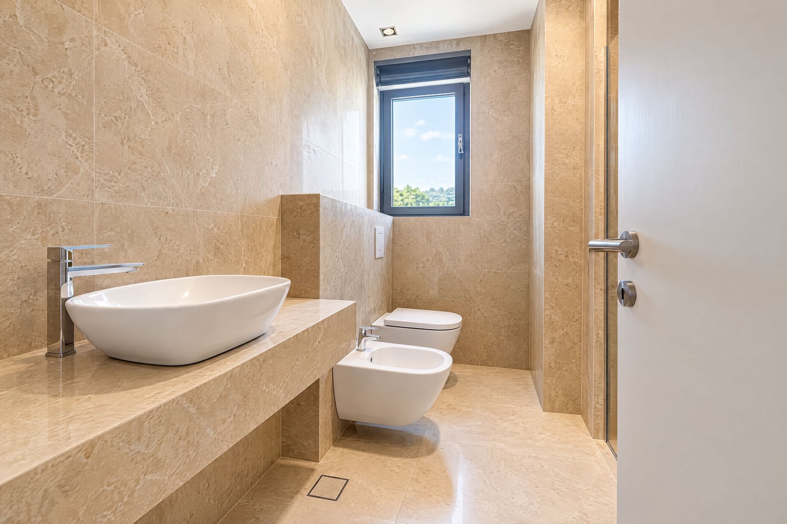 Modern bathroom with white fixtures, beige tiles, and a window in a luxury apartment in Becici, Montenegro