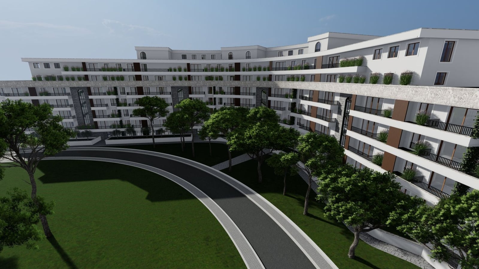 Becici, Karadağ’da teraslar ve peyzaj düzenlemesi olan modern bir konut kompleksinin 3D görselleştirmesi. Binanın cephesine bakış.