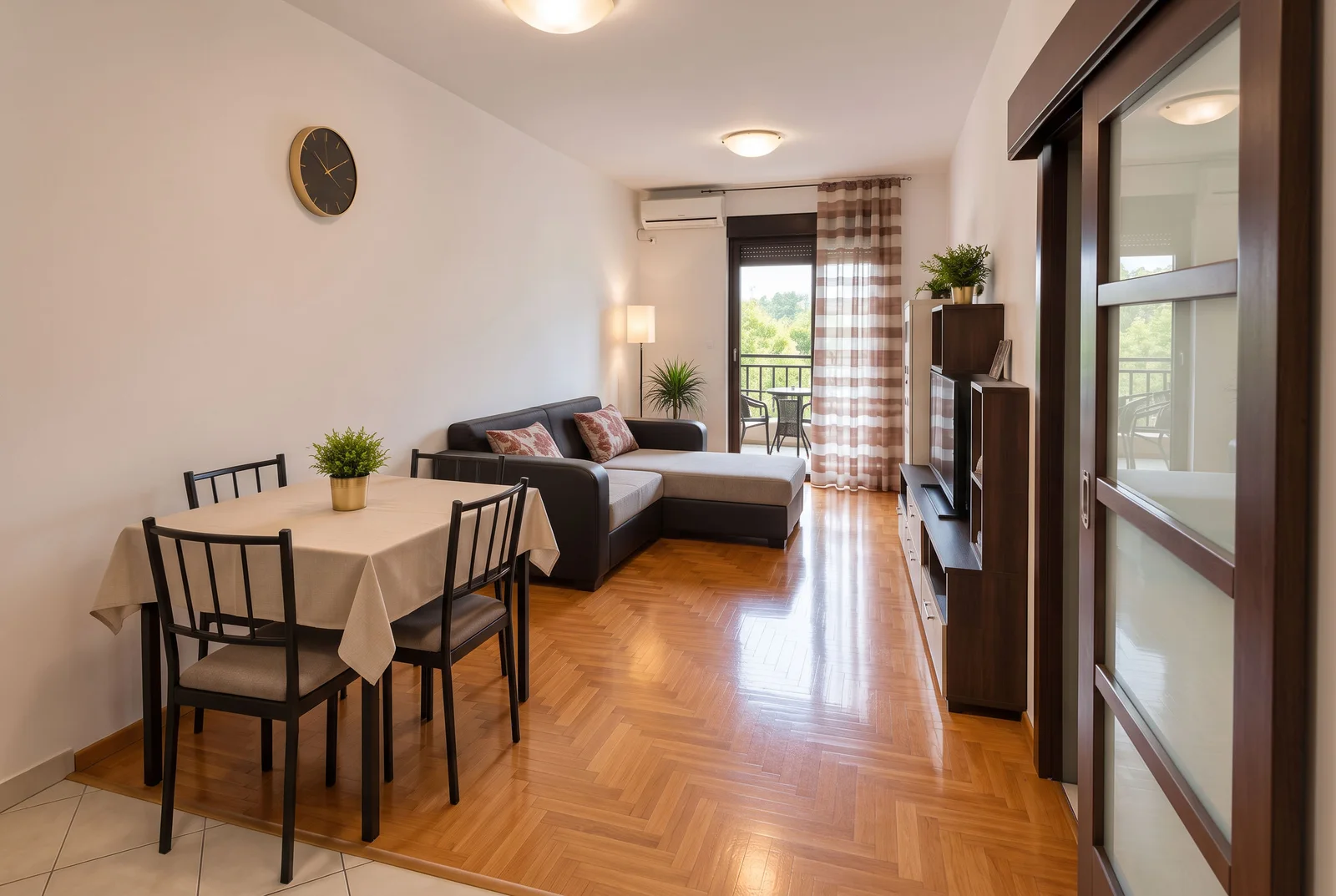 Living room with a sofa, dining table, TV unit, and parquet flooring leading to a balcony.