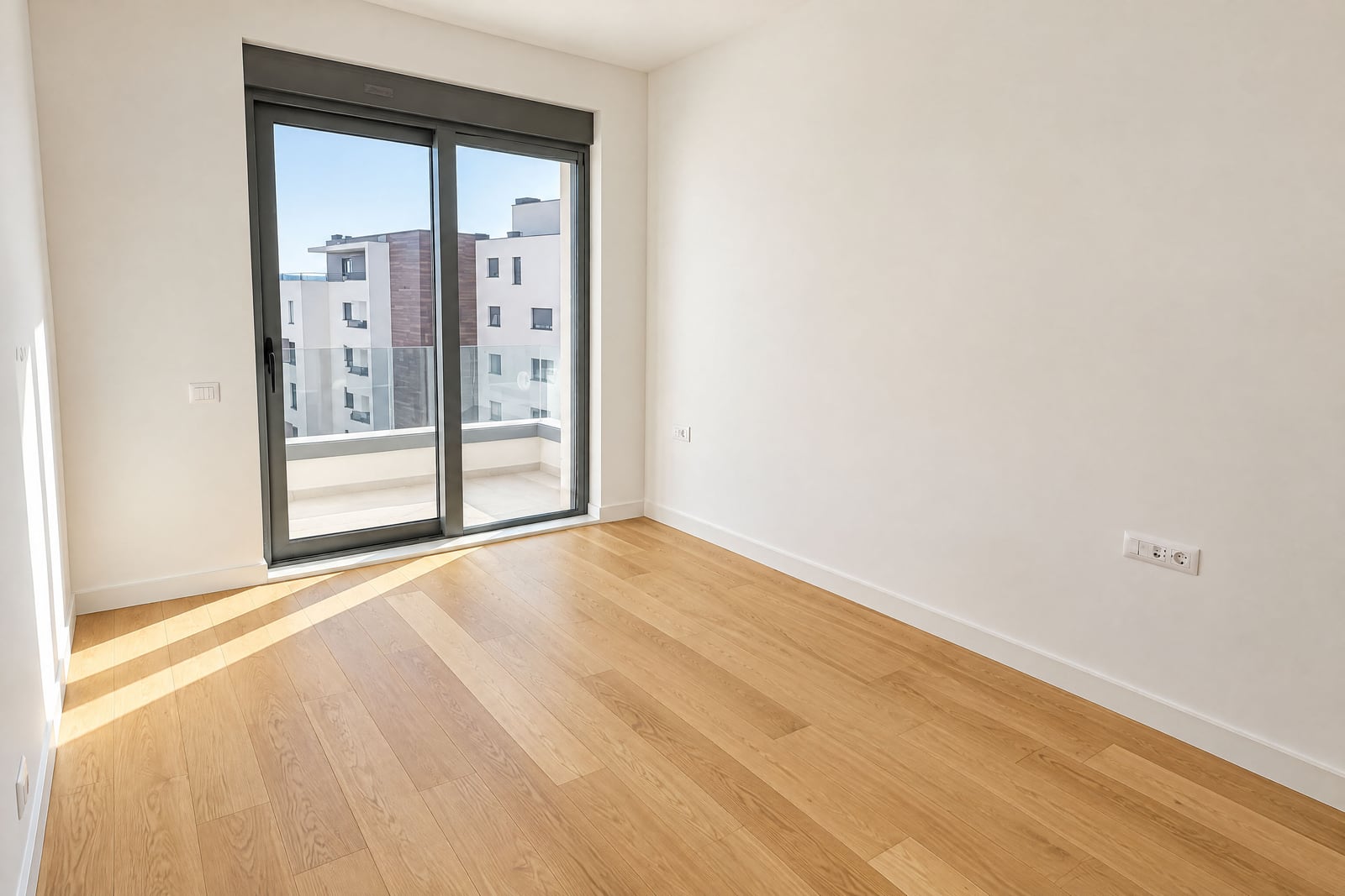 Chambre lumineuse sans meubles avec fenêtre panoramique et parquet dans un appartement neuf à Bečići, Monténégro