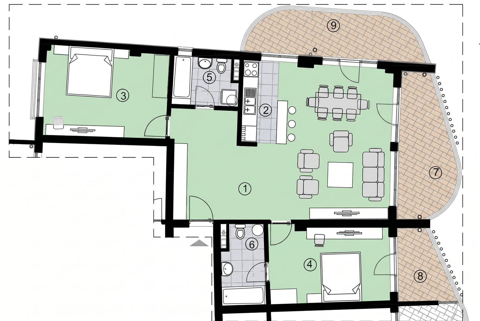 Wohnungsgrundriss in Bečići, Montenegro: zwei Schlafzimmer, geräumiges Wohnzimmer mit Küche, zwei Badezimmer und Terrassen.