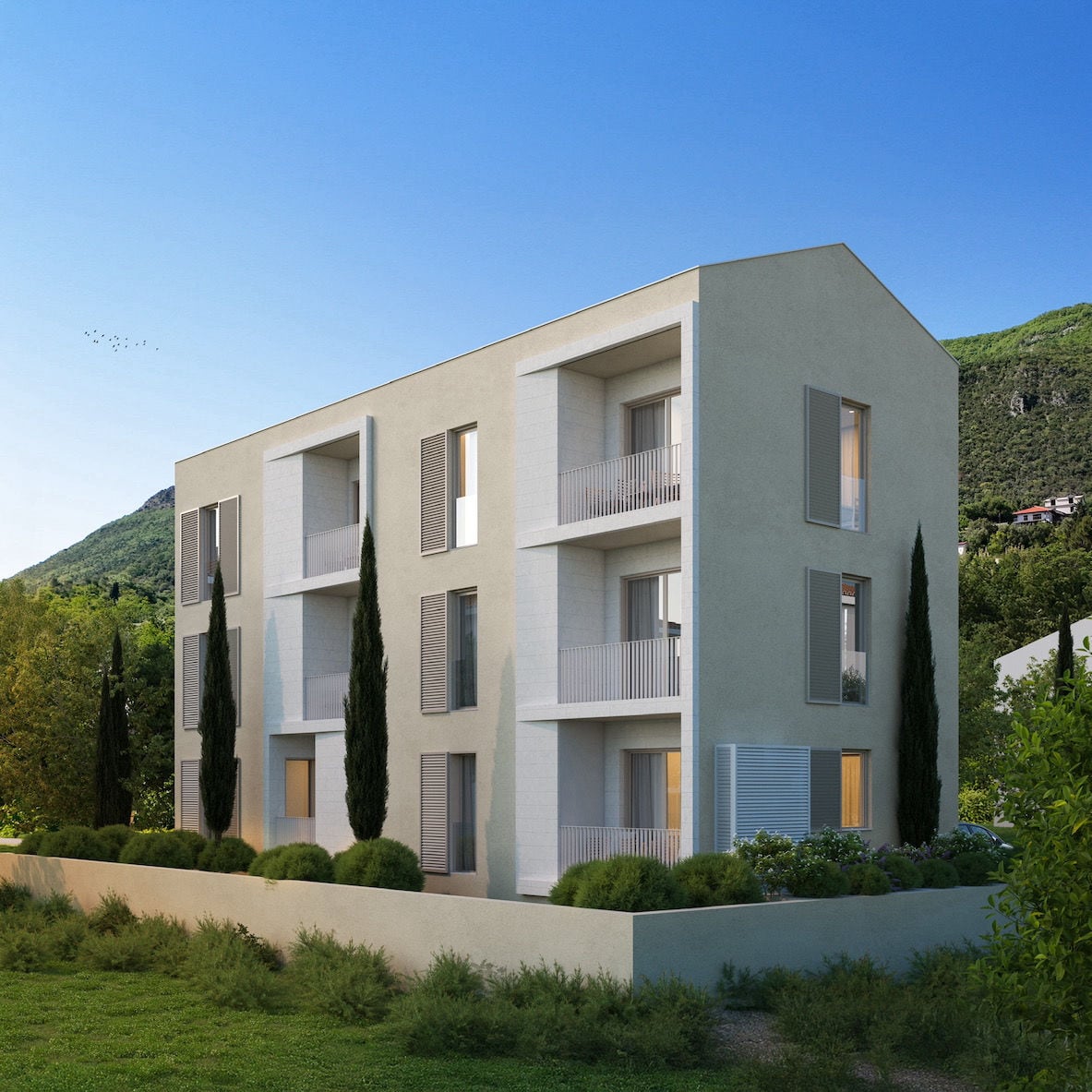 Dumidran'da satılık dairelerin bulunduğu modern bina