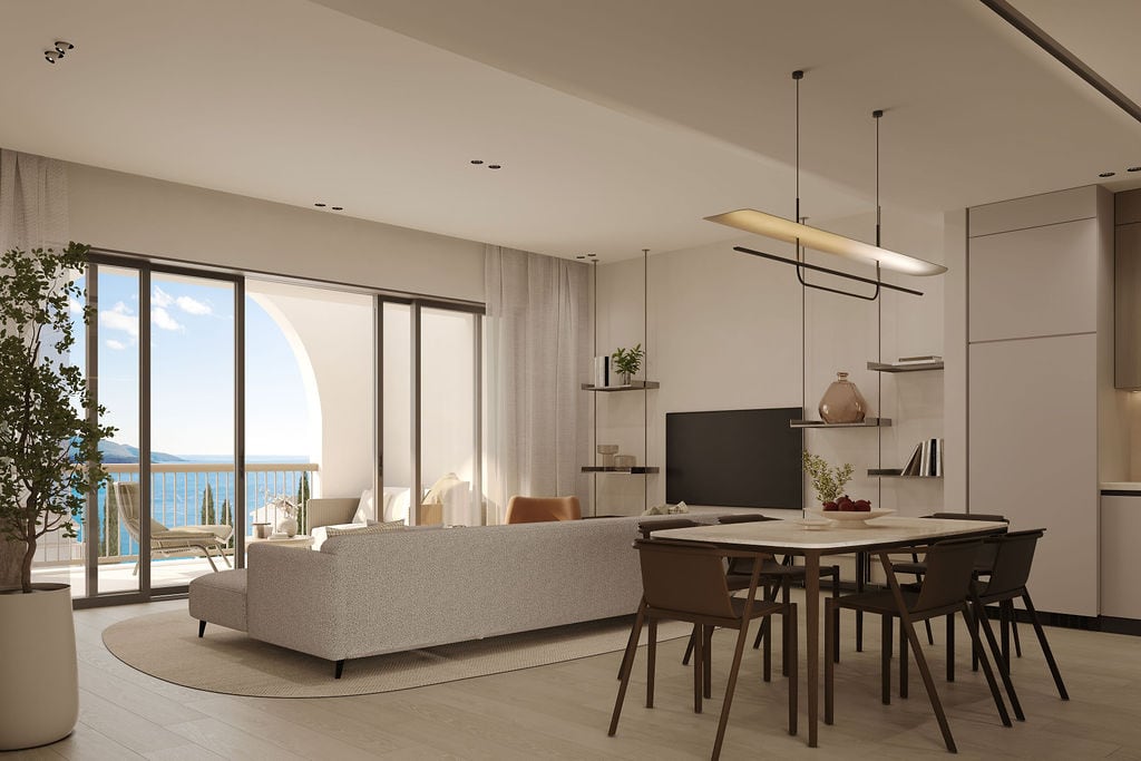 Modernes Wohnzimmer mit Essbereich und Meerblick in einem Wohnkomplex, Luštica, Montenegro.