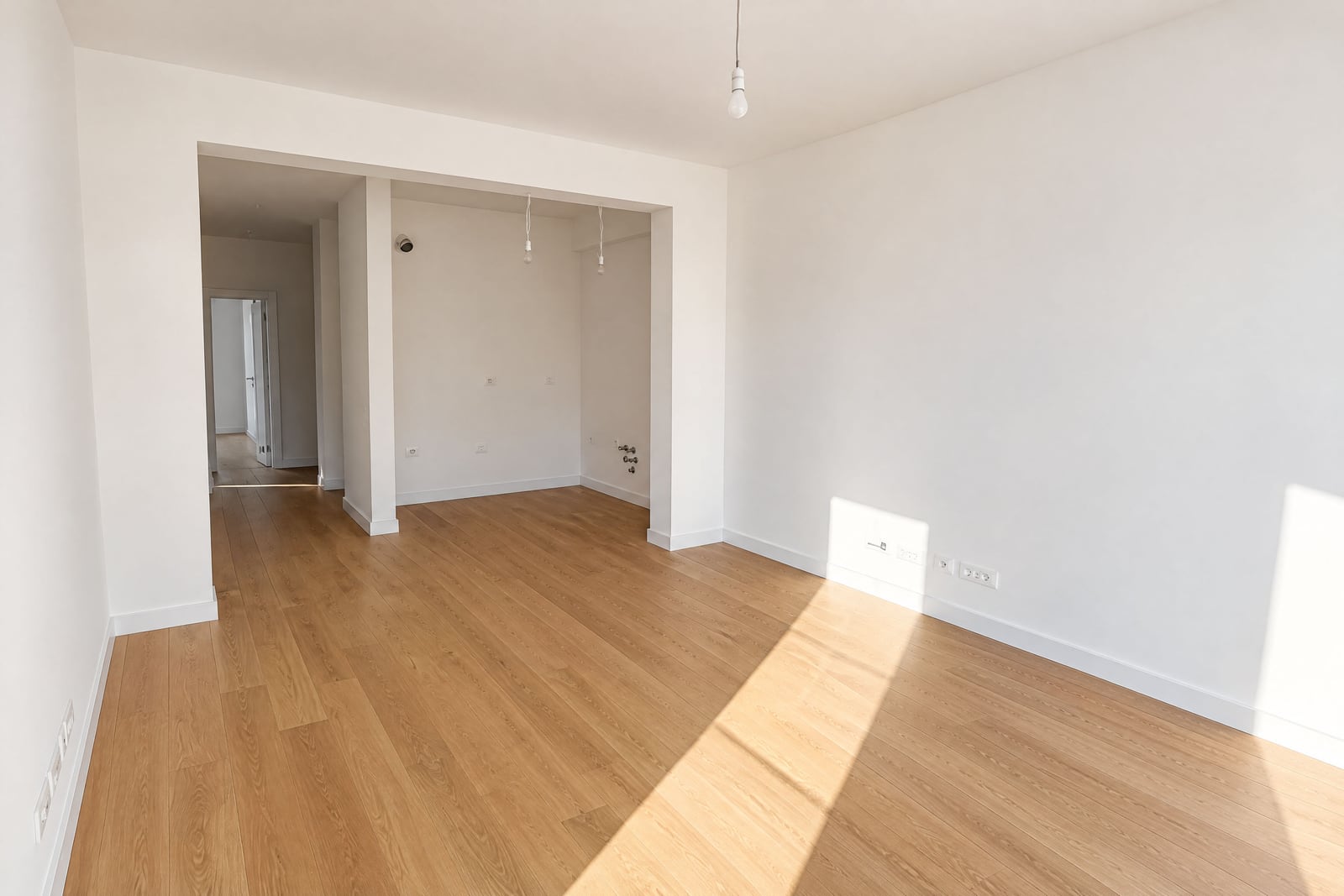 Spacieuse salle de séjour avec finitions haut de gamme, murs blancs et parquet dans un appartement à Bečići, Monténégro