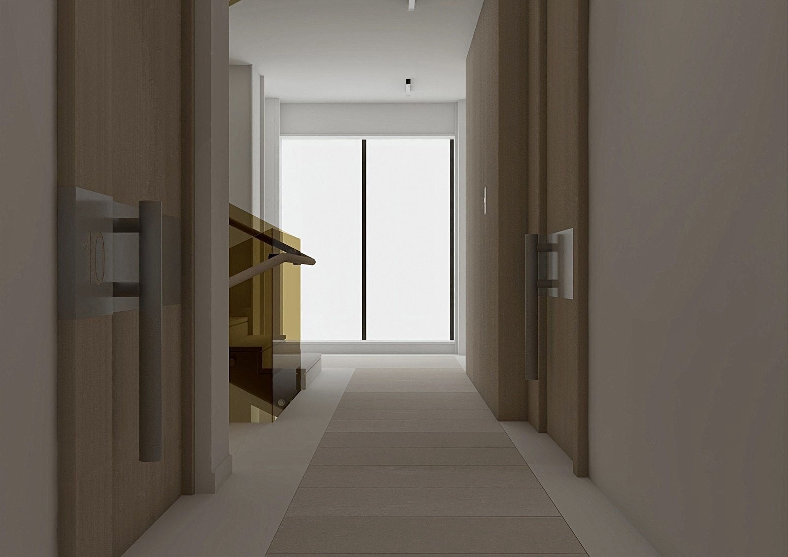 Couloir moderne et lumineux d'un appartement à Bečići, Monténégro, avec portes en bois et escalier à rampe transparente