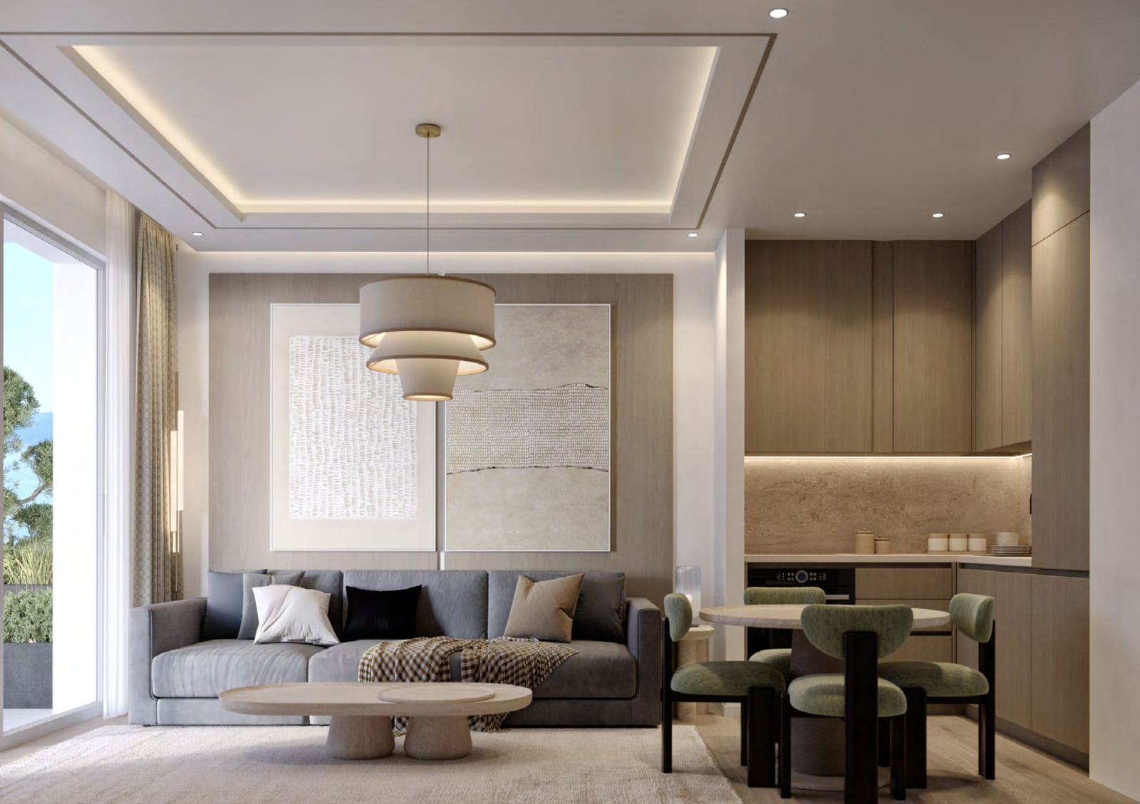 Modern living room with a soft gray sofa, dining area, and kitchen in a new apartment in Orahovac, Montenegro.