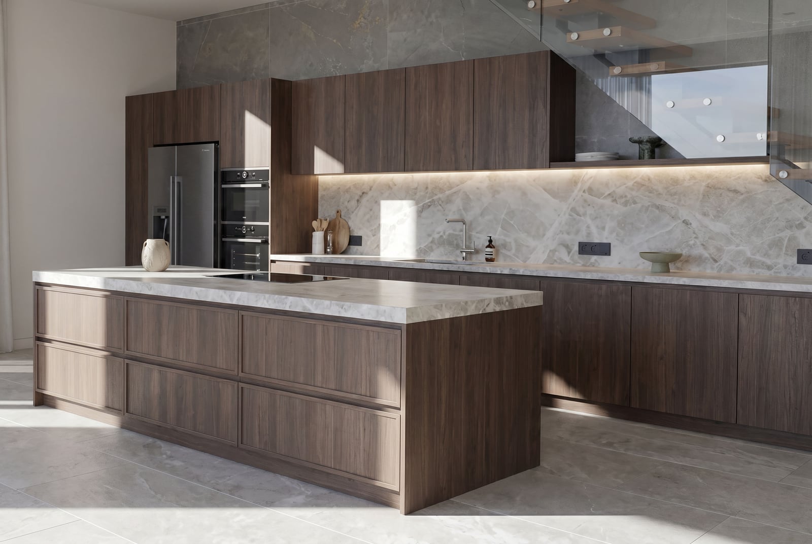Modern kitchen with an island and marble finishes in a luxury villa, Kumbor, Montenegro.