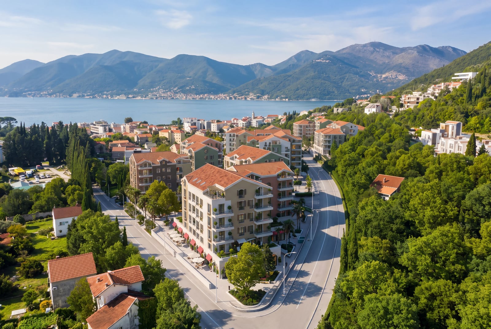 New residential complex with terraces and sea and mountain views in Tivat, Montenegro