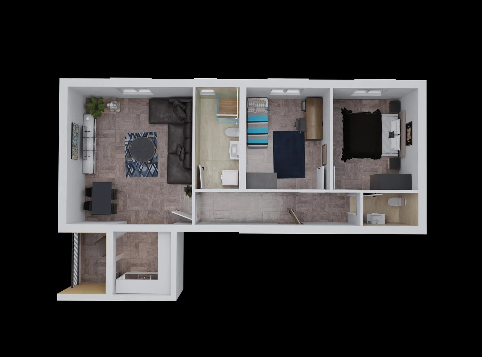 3D-Grundriss einer Wohnung im ЖК Bar, Montenegro: Wohnzimmer, zwei Schlafzimmer, zwei Badezimmer und moderne Möblierung.
